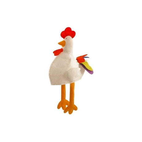 Chicken shaped plush hat with colorful tail and stuffed legs for adults.