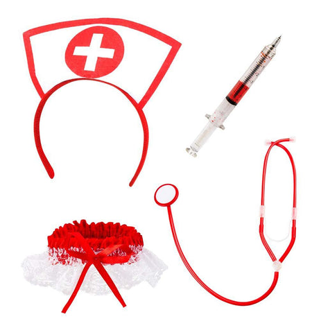 Sexy nurse costume set with headband, stethoscope, syringe pen, and garter.