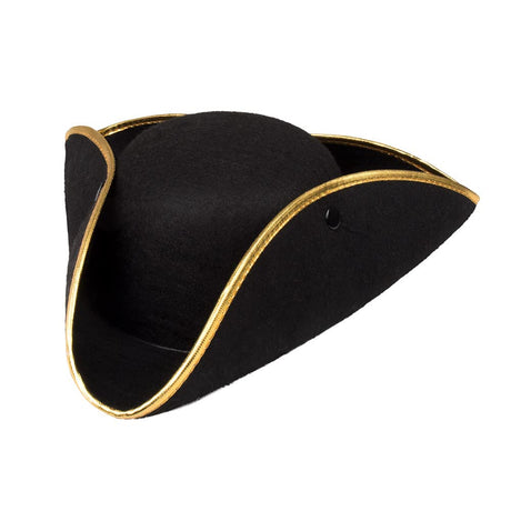 Black three-pointed admiral pirate hat with gold trim for adults.