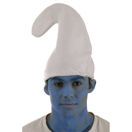 White felt gnome hat for adults with blue face paint.