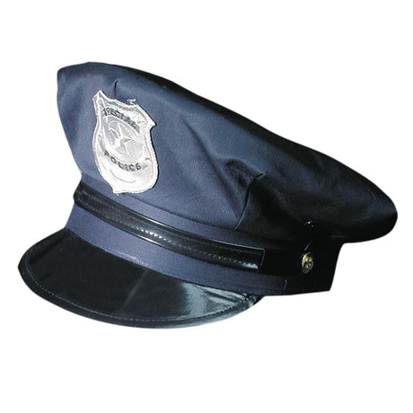 Dark blue police hat with black details and silver crest for costume.