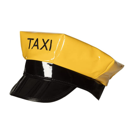 Yellow taxi hat with black brim and "Taxi" inscription, perfect for costumes and parties.