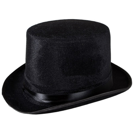 Black velour top hat for adults with velvet finish.