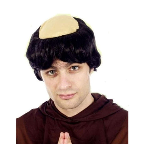 Monk wig with black hair and bald patch design.