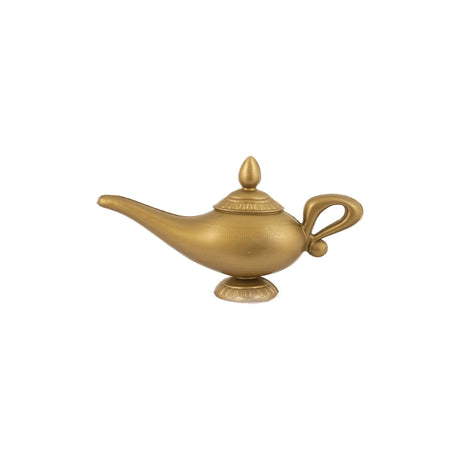 Gold genie lamp with ornate design and curved spout.