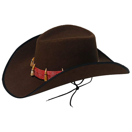 Brown cowboy hat with decorative teeth, suitable for fancy dress.