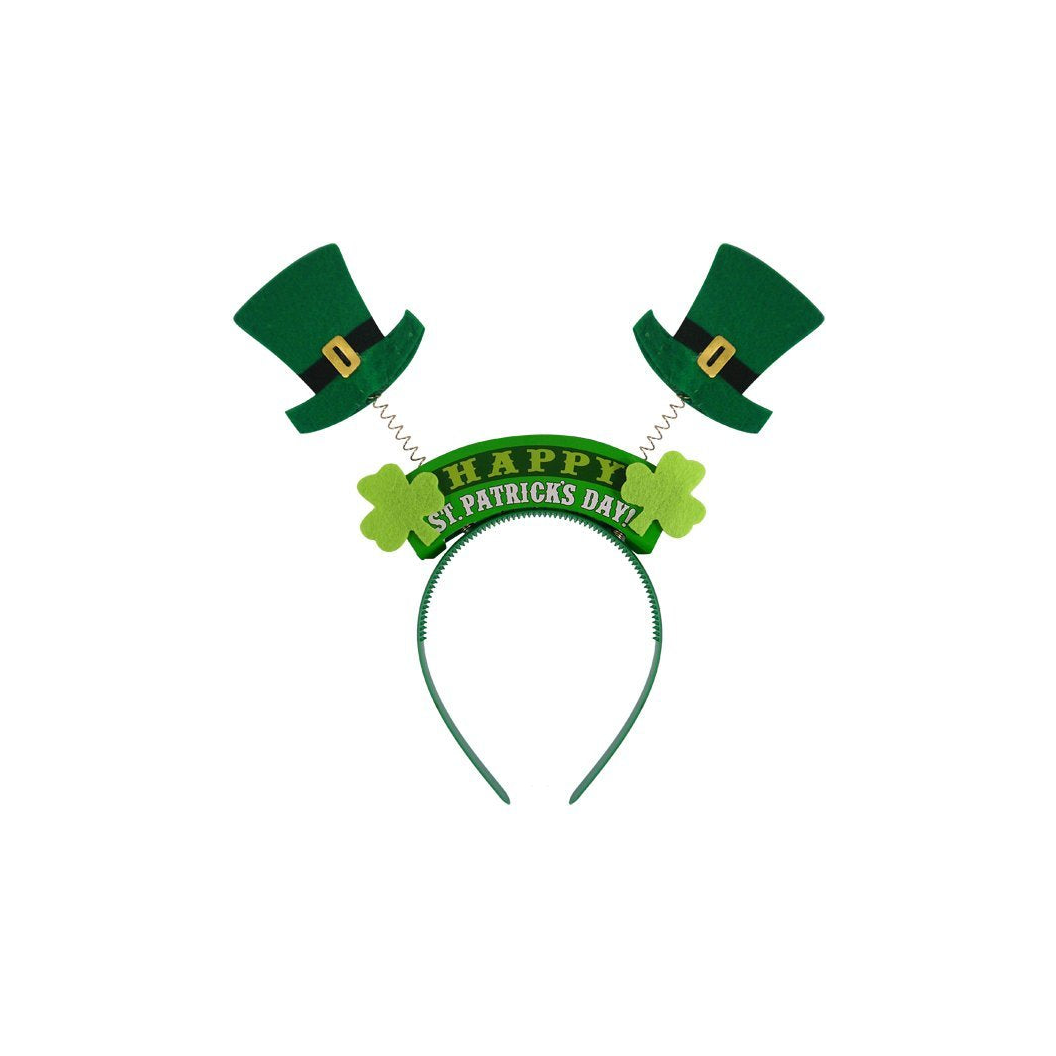 Wiggly St Patricks Day headband with sparkly shamrocks and hats.