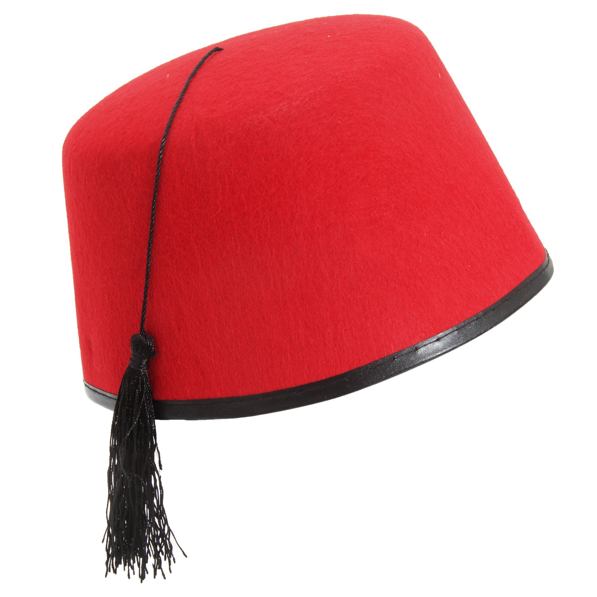 Red fez hat with black tassel and trim.