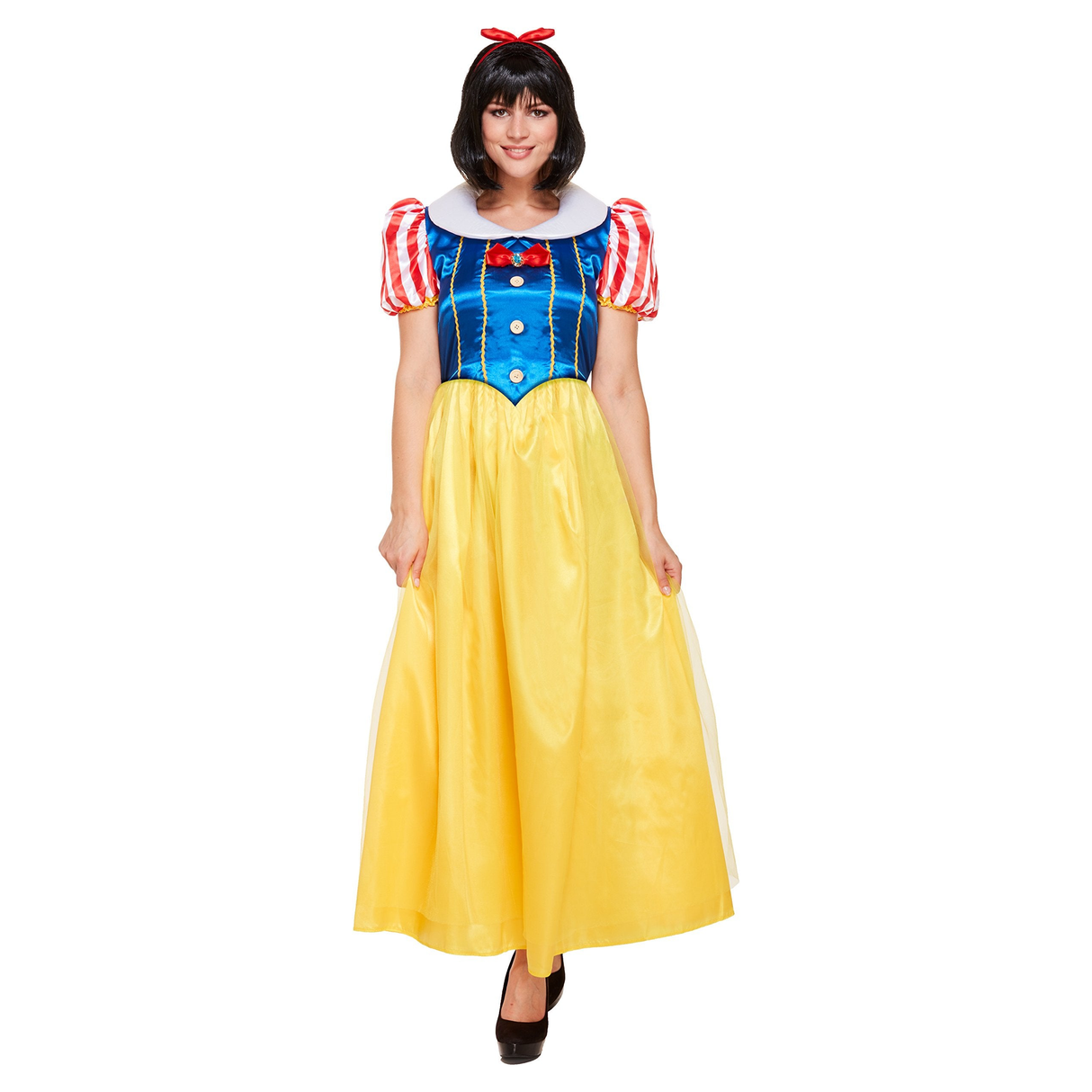 Women’s Snow Princess costume with red hairband, blue bodice, striped sleeves, and yellow skirt.