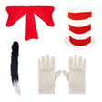 Children's Cat in the Hat costume kit with red and white top hat, big red bow, black cat tail, and white gloves.