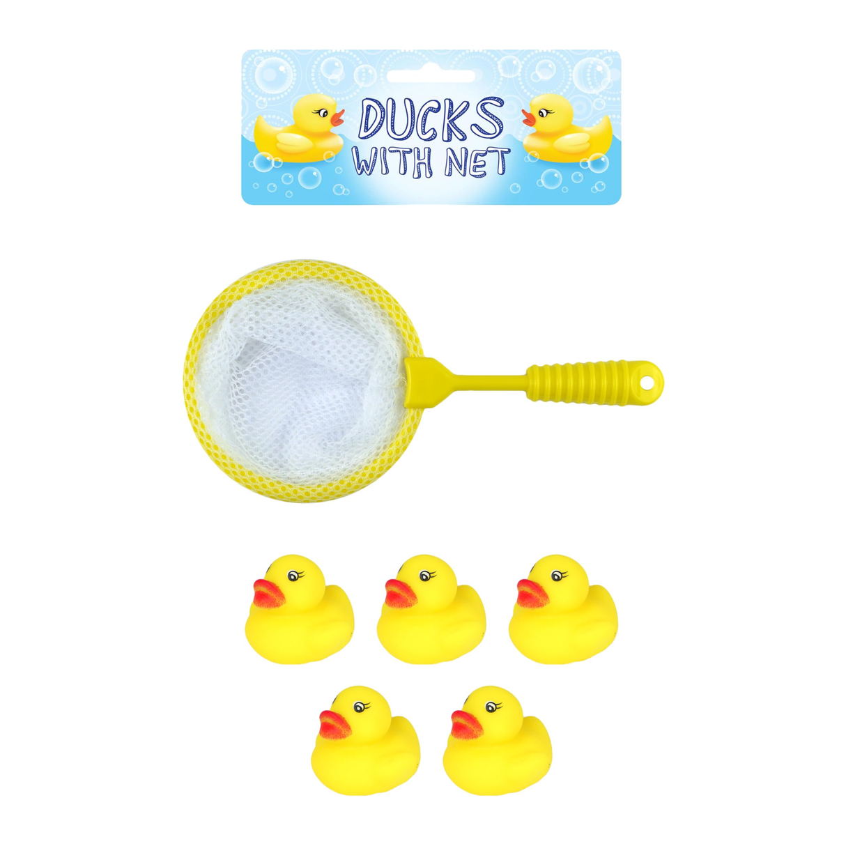 Mini Ducks with Net Bath Time Pack of 2 x 6-Piece Game Set with 5 Ducks + 1 Net Kids Yellow Rubber Duck Toys Summer Fun Paddling Pool Games Bathtub Play for Boys and Girls