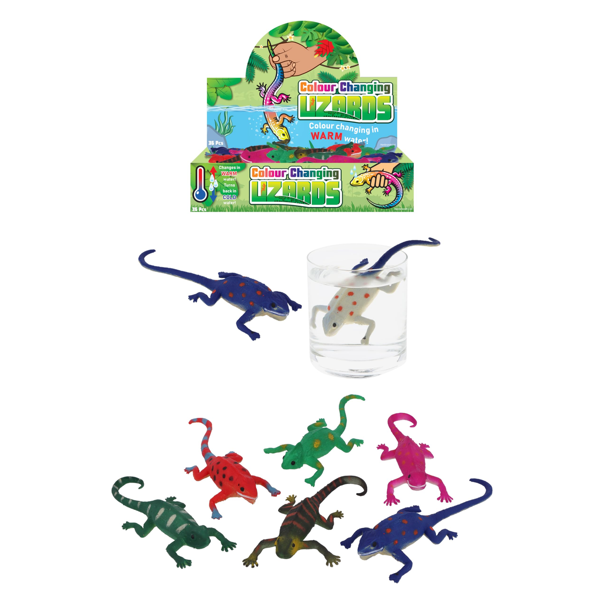 HENBRANDT 36 x Colour Changing Lizards 15cm Stretchy Chameleon Colour Change in Hot or Cold Water Bath Toys Kids Party Favour Stocking Filler Loot Bag Filler Lucky Dip for Boys and Girls