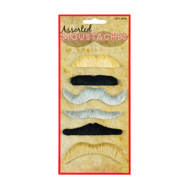 Pack of 6 assorted fake moustaches in black, blonde, and grey for novelty party costumes.