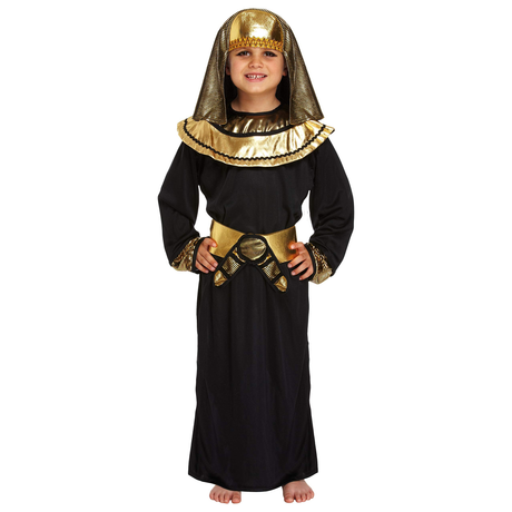 Children's Egyptian Pharaoh costume with robe, headdress, and belt for ages 7-9.