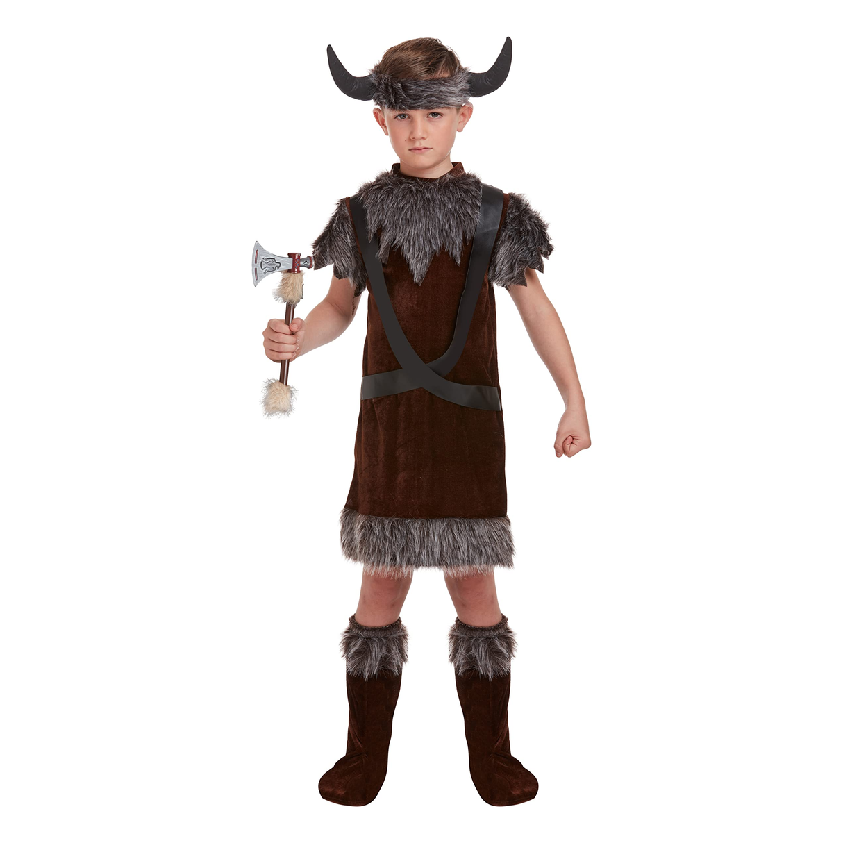 Children’s Viking Boy dragon tamer costume with horned headpiece for ages 7-9.