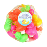 Pack of 20 assorted colored plastic ducks with hooks in net bag.