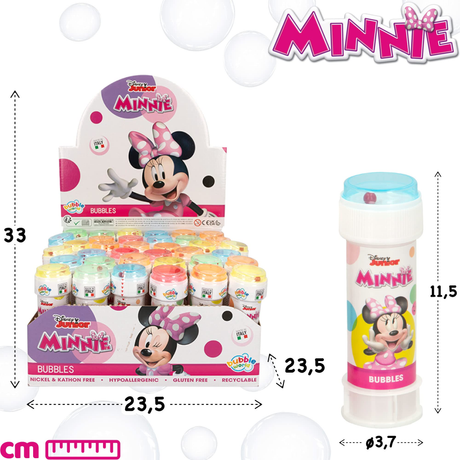 Wholesale box of 36 Minnie Mouse bubbles in colorful display packaging.