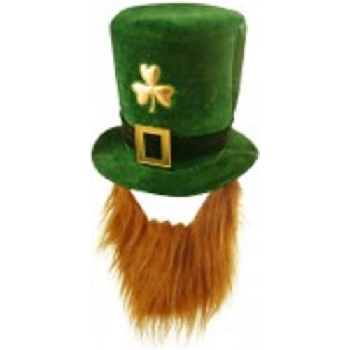 Adult Deluxe Green Leprechaun Top Hat with Ginger Beard St Patrick's Day