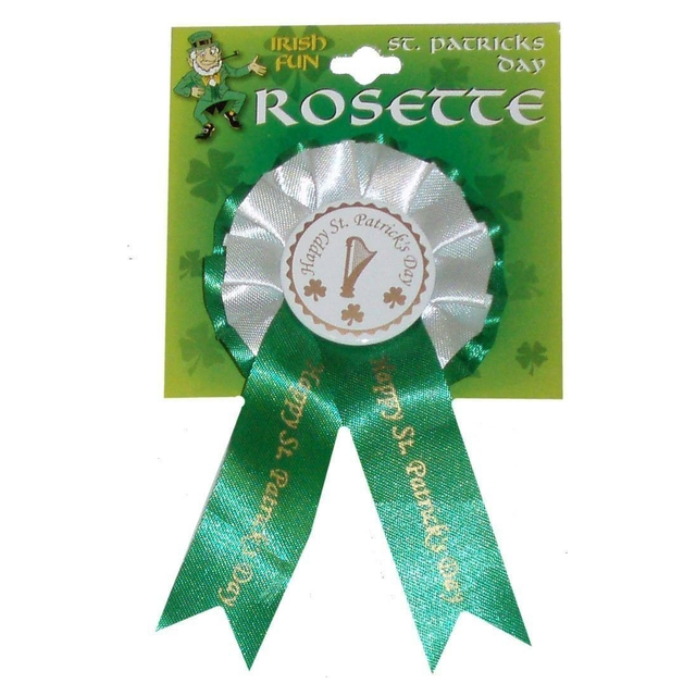 St Patricks Day green and white rosette badge with "Happy St Patrick's Day" text.