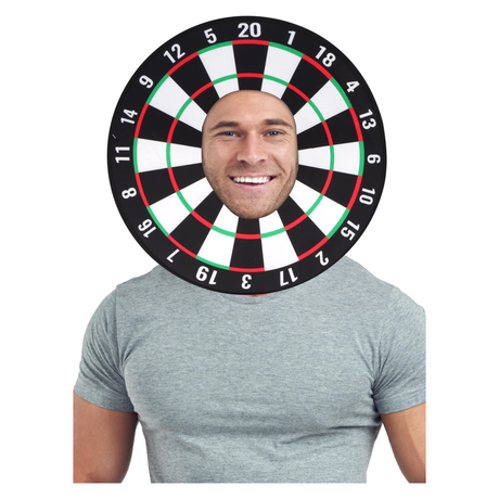 Single adult dartboard novelty hat with face in bullseye target, black with white numbers, red and green details, 43cm size.