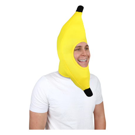 Single adult banana head novelty hat in vibrant yellow.