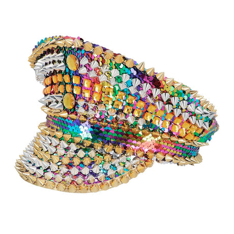 Rainbow hat adorned with colorful gem stones, adding a touch of glamour.