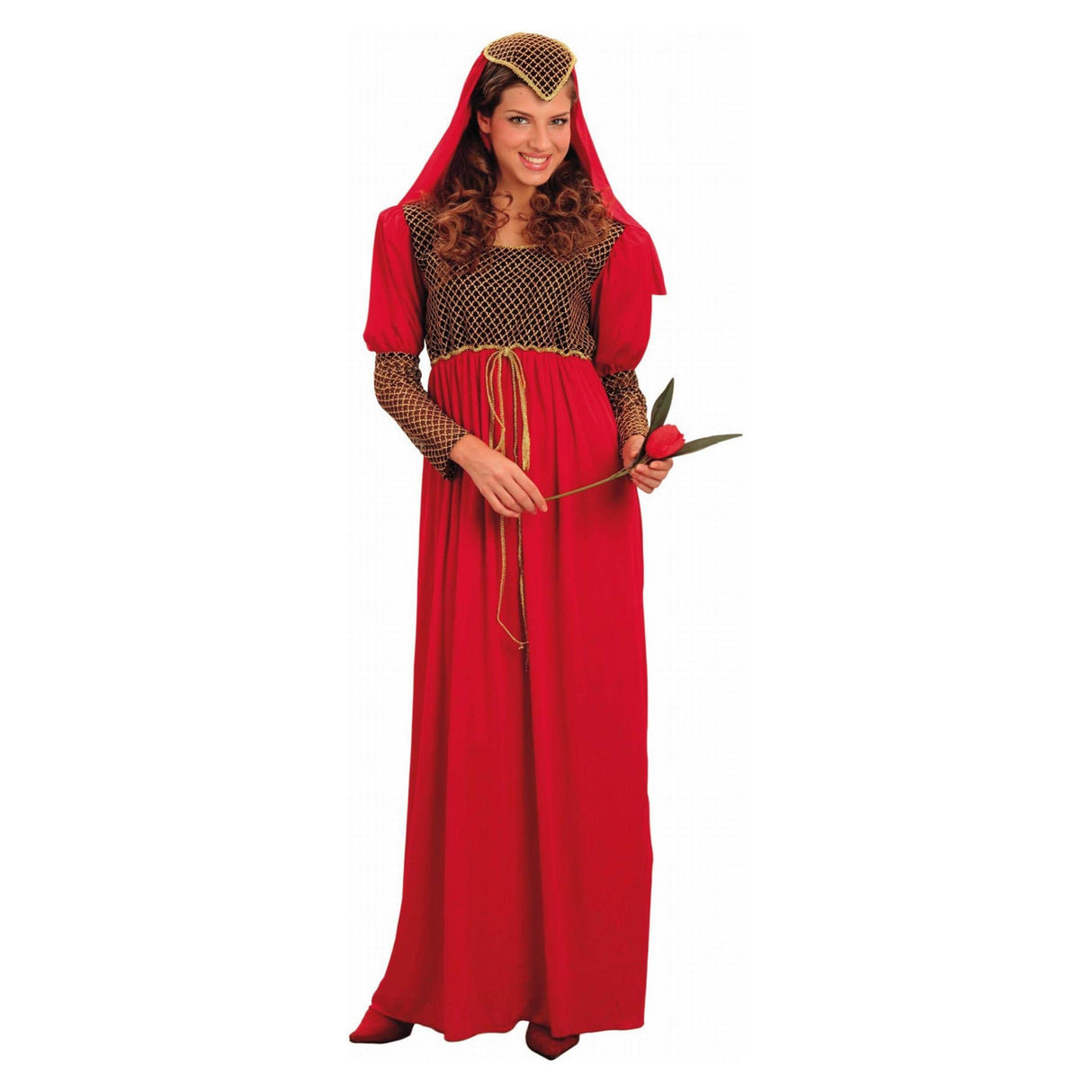 Red Ladies Juliet fancy dress costume with elegant red gown and headpiece.