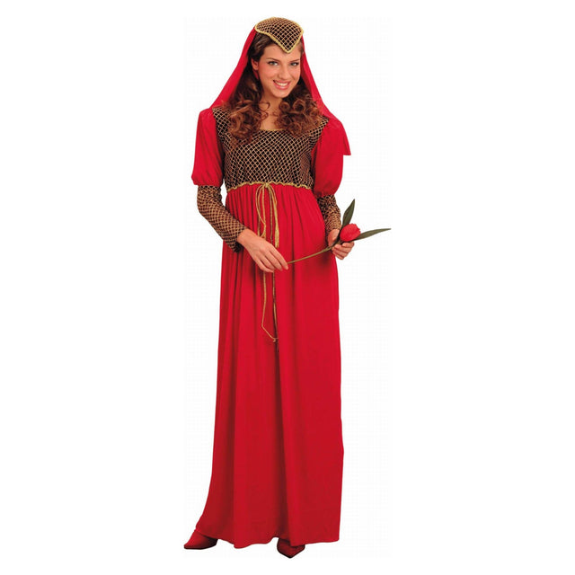 Red Ladies Juliet fancy dress costume with elegant red gown and headpiece.