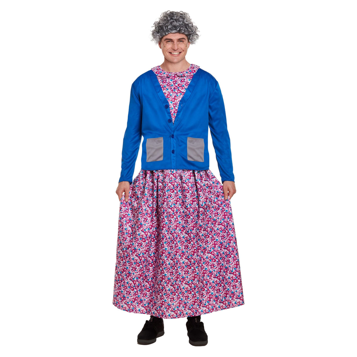 Adults naughty granny costume featuring blue cardigan and floral dress.