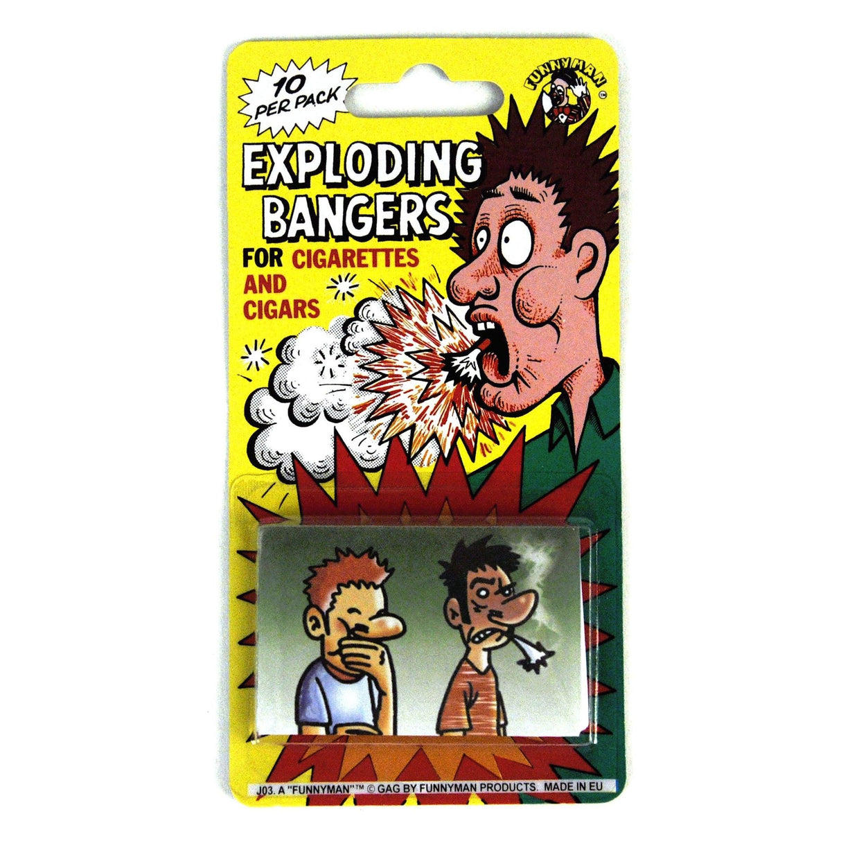 Exploding Cigarette Bangers novelty joke pack with cartoon illustration and explosive effect warning.