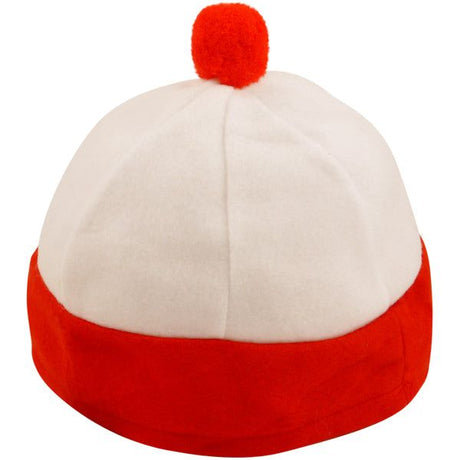 Children’s red and white bobble hat for fancy dress costumes.