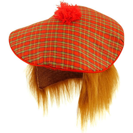 Scottish hat with attached ginger hair for adults, plaid pattern.