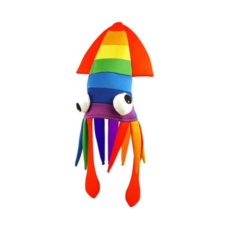 Colorful adult rainbow squid hat for novelty dress-up.