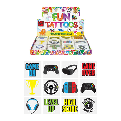 Mini Gamer Temporary Tattoos pack, featuring 12 fun gaming-themed designs, easy to apply and remove for events or everyday wear.