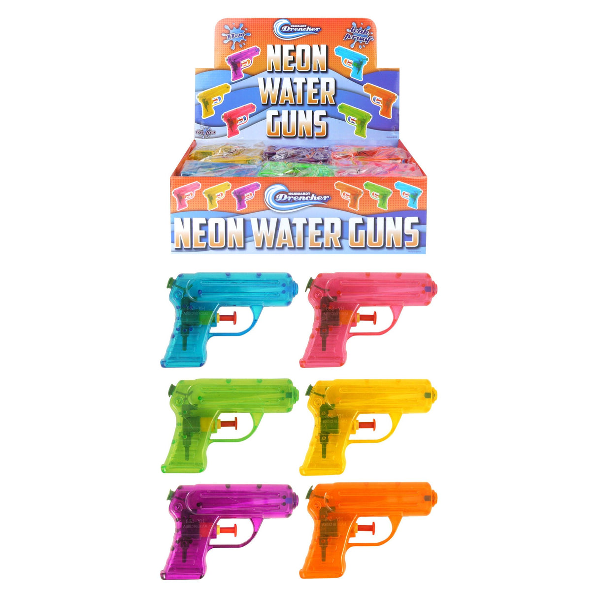 Assorted neon water guns in six bright colors, 11cm size, ideal for summer toys and party favors.