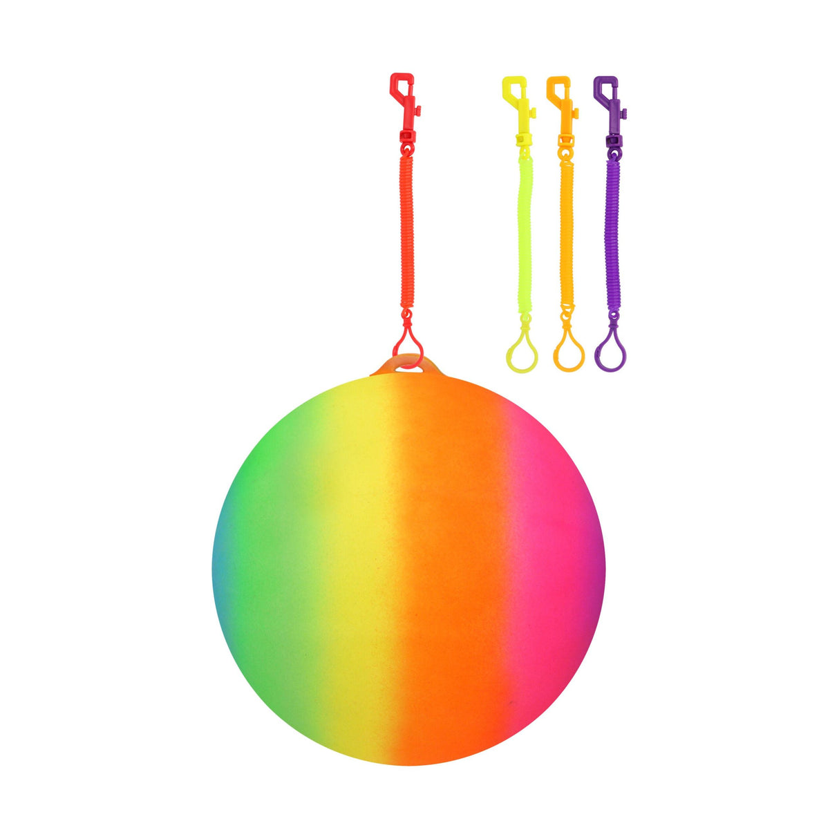 PVC Rainbow Ball with hook and spiral keychains, 25cm inflated size, vivid colors for play.