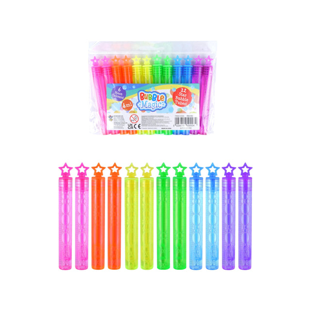 Neon Star Party Bubbles Tube pack of 12 in assorted vibrant colors with wands, ideal for party favors.