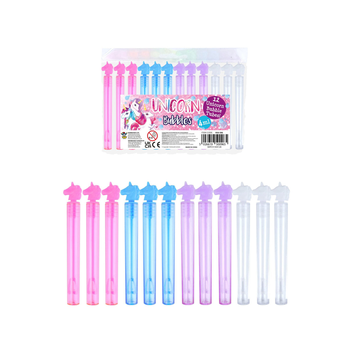 Unicorn Mini Party Bubbles Tube pack of 12 in assorted colors with unicorn wand toppers.