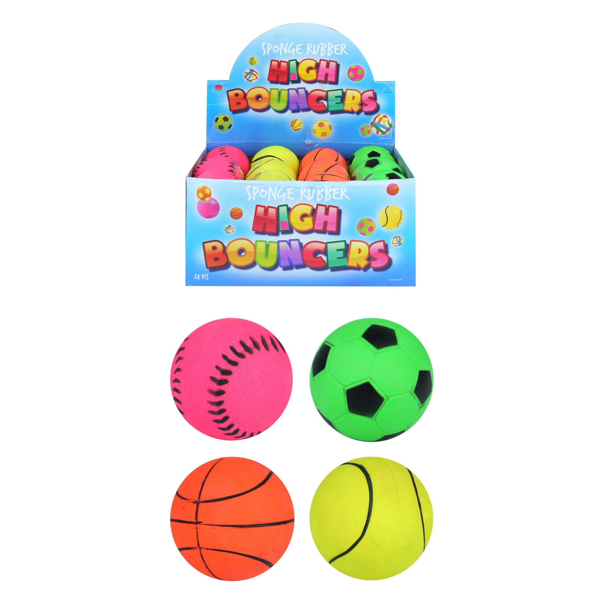 24 x Assorted Sports Pattern Hard Sponge Rubber Hi-Bounce Balls - Wholesale Box