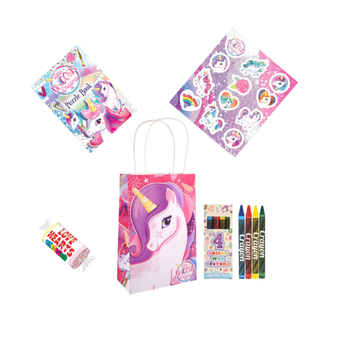 20 x Unicorn prefilled party bags with vibrant bag, colorful crayons, themed stickers, puzzle book, and Love Hearts candy.