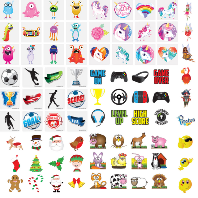 288 Mystery Kids Tattoos with diverse designs and themes on sealed sheets.