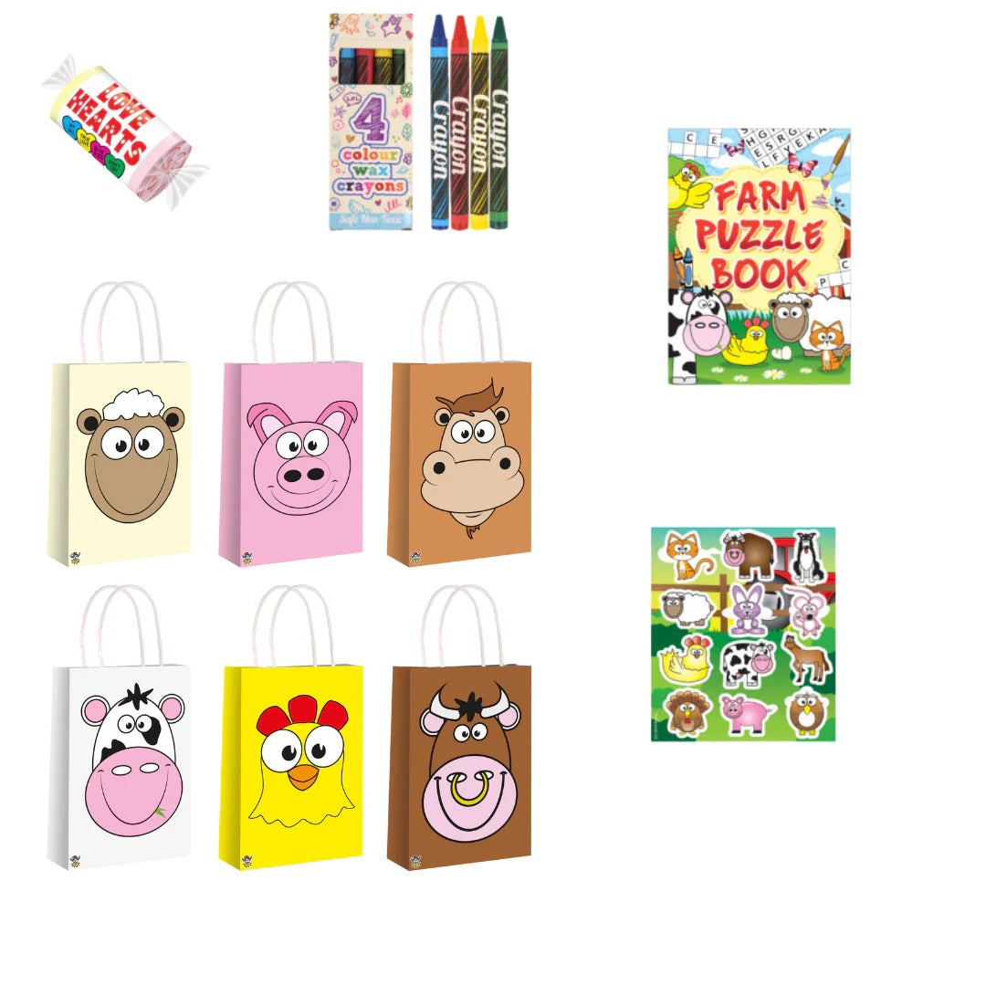 20 prefilled farm party bags with crayons, stickers, puzzle book, and Love Hearts candy.