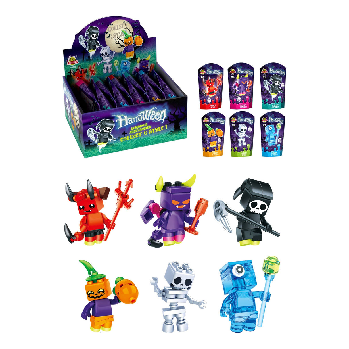 Glow in the Dark Halloween Block Kits with 6 Assorted Designs for spooky decorations.